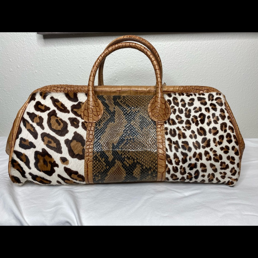 Clever  Carriage  Company Doctors Satchel With Fur Leopard Print